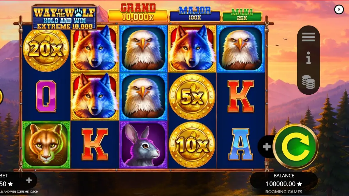 Pemandangan atmosferik hutan di bawah bulan purnama dengan simbol serigala dalam slot Way of the Wolf Hold and Win Extreme 10,000